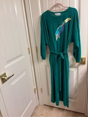 Vintage Vandemere Green Velour Maxi Beach Lounge Dress L Pop Art Appliqué Bird